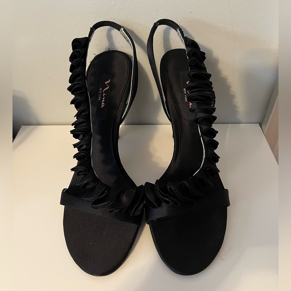 Nina Satin Black Ruffle Dress Sandals - Size 10